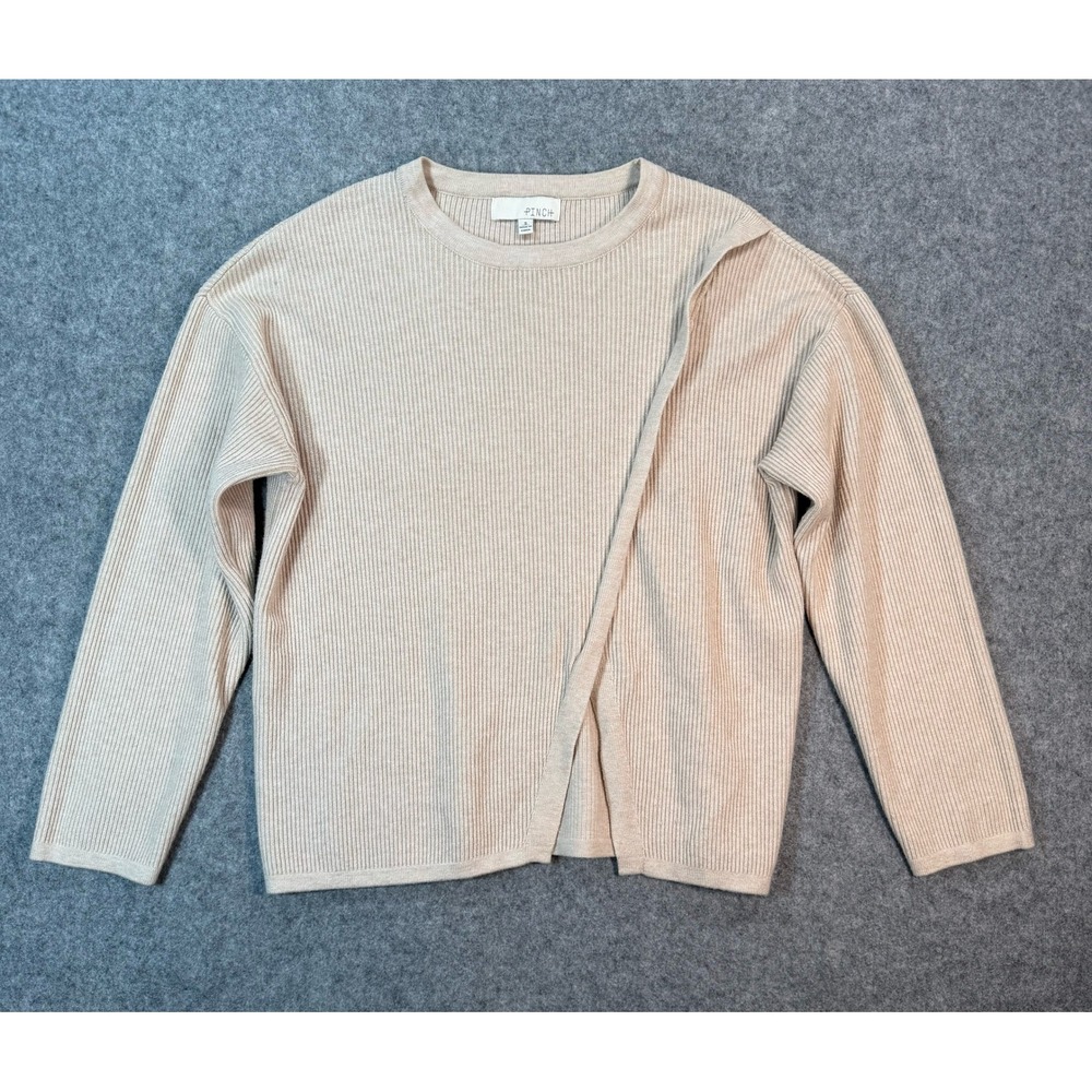 Pinch Beige Ribbed Asymmetrical Overlap Knit Sweater Small Drop Shoulder Oatmeal